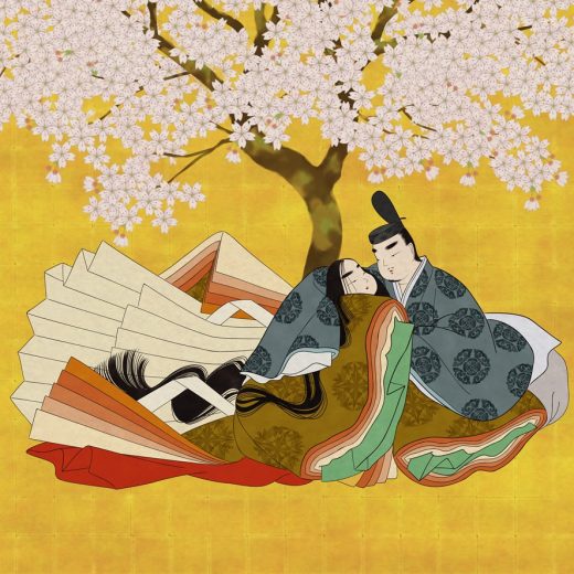 源氏物語の絵　桜の木の下で手を取り合う男女