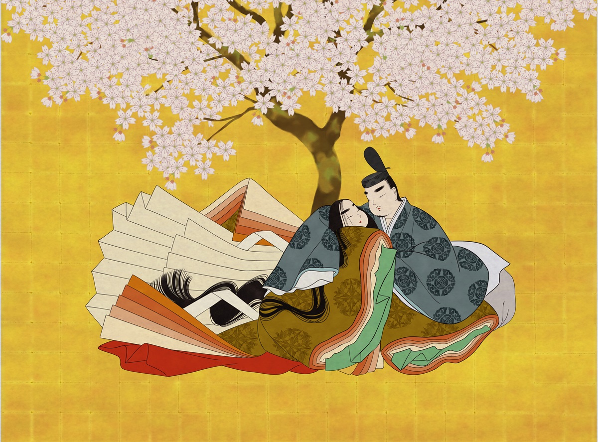 源氏物語の絵　桜の木の下で手を取り合う男女