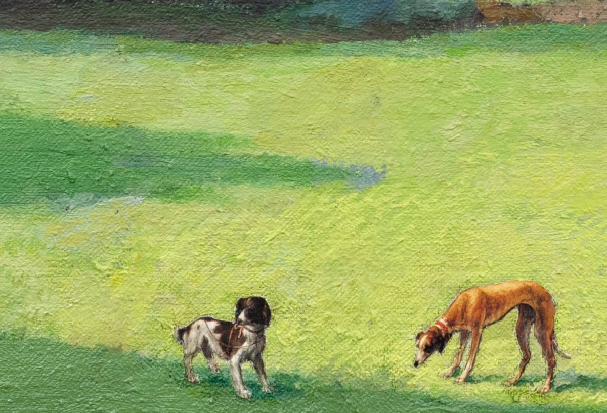 上の《絵の中の犬、東京の公園を歩く》の部分。たとえば左の犬は元の絵では室内にいて、右の犬は屋外。それをここでは日向、日陰を作ることで自然な感じに見せている。