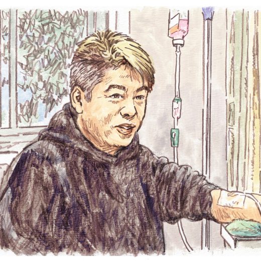 点滴を受ける堀江氏のイラスト