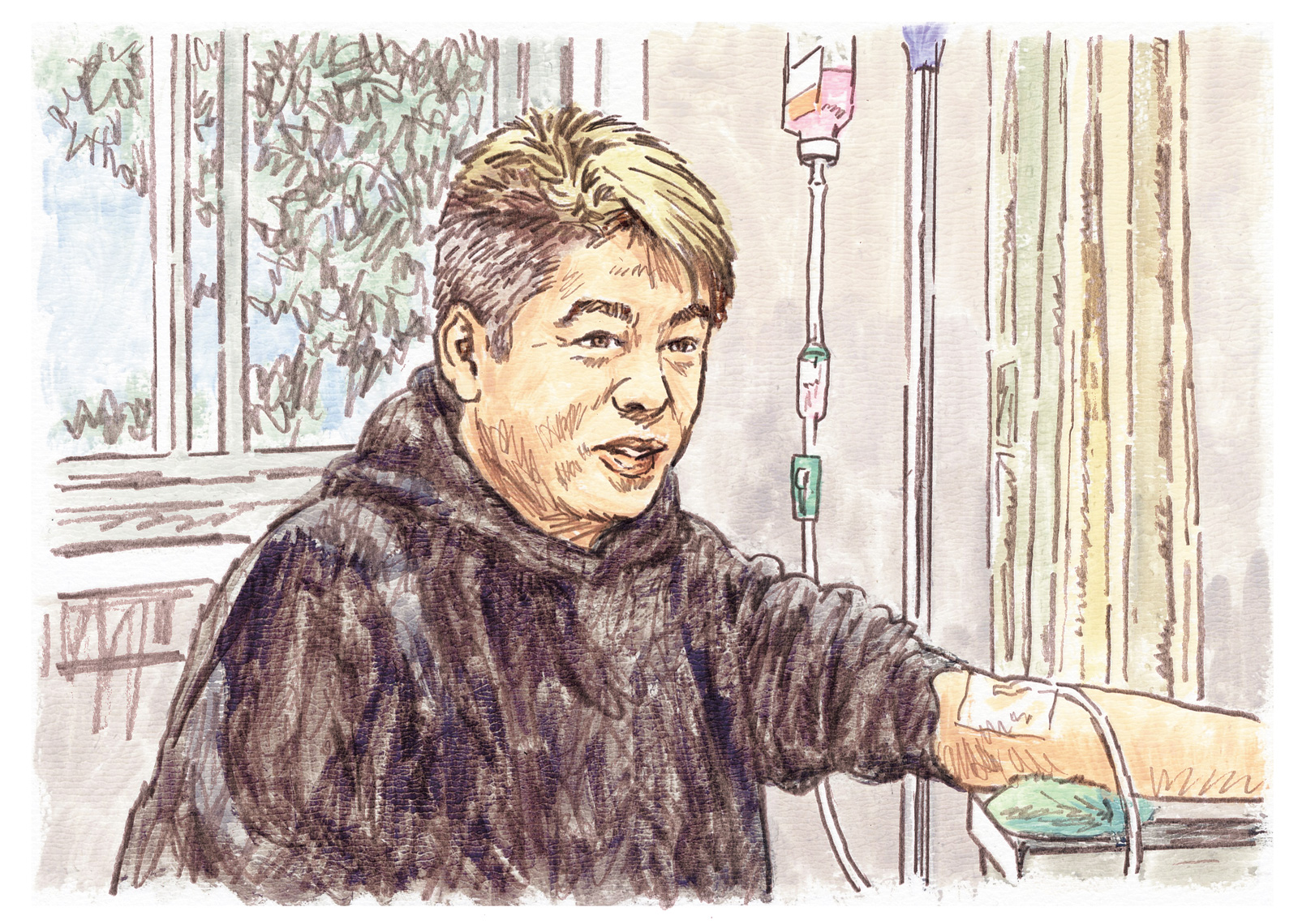 点滴を受ける堀江氏のイラスト