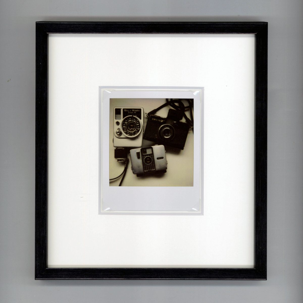 こちらがピール式ではなく、SX-70とか600シリーズというじわじわと絵が出てくるタイプ。
この写真、手持ちのハーフ判カメラ３台を撮っておいた。左のベル&ハウエルはキヤノンダイヤル35のOEM（フィルムが縦走りなので横位置写真が撮れる）、右はオリンパスペンW（ワイド）。アクセサリーシューについてるのは露出計。下は初代リコーオートハーフ。
