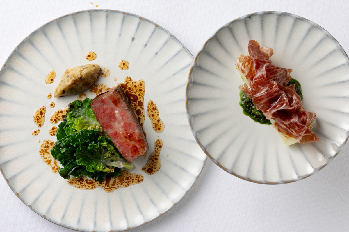 国産あか牛 米ナスのロースト 発酵ニンニク 黒胡麻 ホワイトアスパラガスのグリル 和牛ブレザオラ サルサヴェルデ