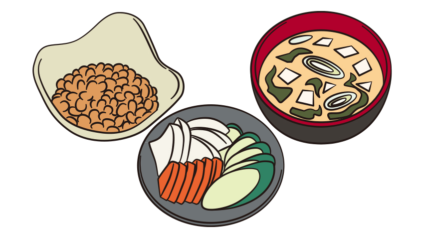 納豆、漬け物、味噌汁