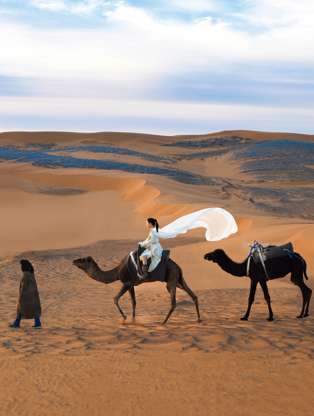 ラクダに乗って砂漠を歩く